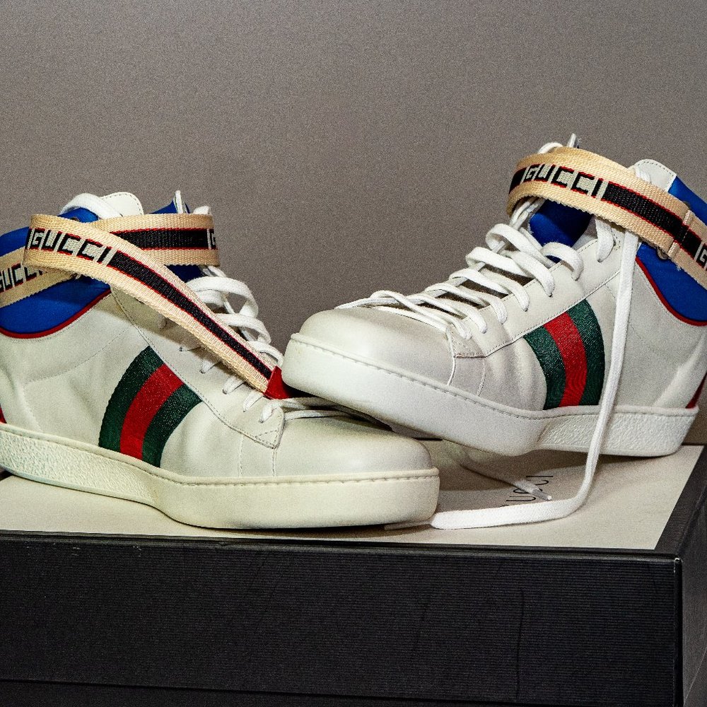 GUCCI Men's White Leather Ace High Top Blue Nylon Logo Web Sneakers